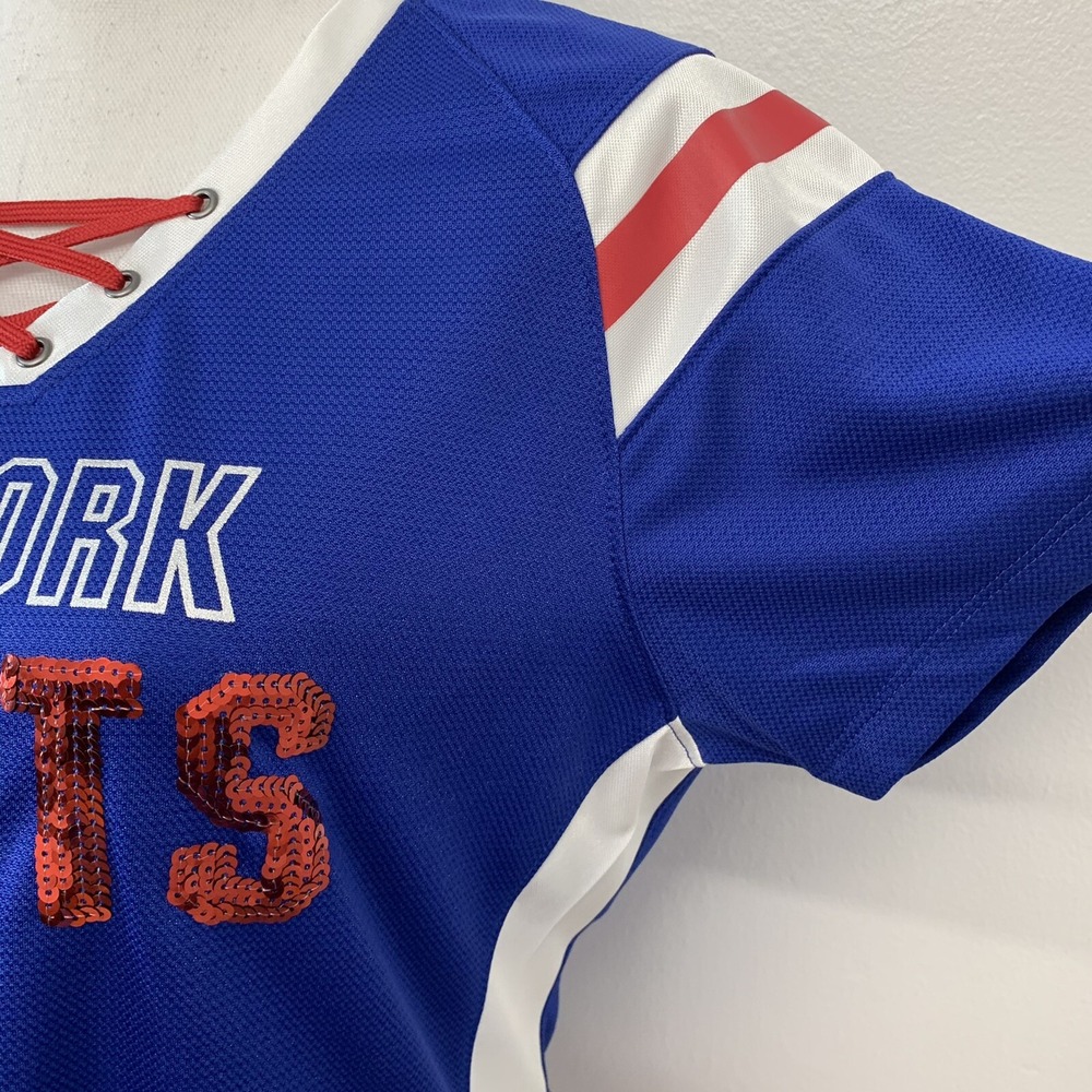 New York Giants Jersey Polo Large Woman Sequins Blue Red NFL Team Apparel V Neck - Picture 4 of 10